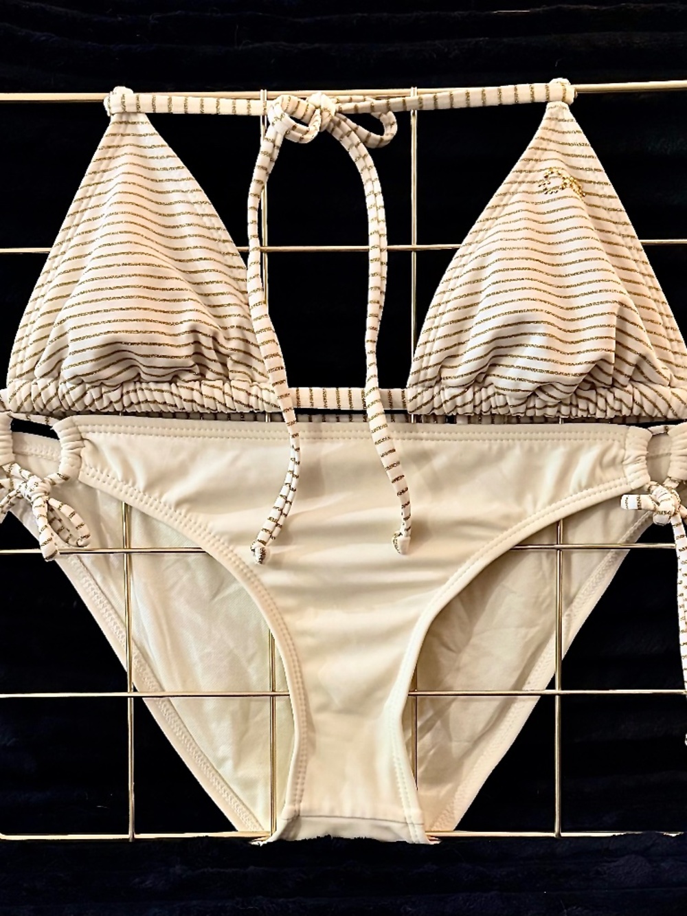 Y2K Guess White and Glitter Gold Striped String Bikini with Gold Foil (S)